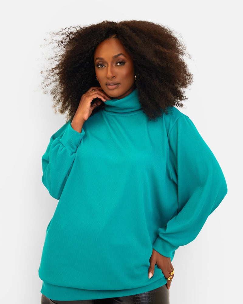 Front of a model wearing a size 3X Jules Ribbed Turtleneck Oversized Sweater - Teal in Green by Rebdolls. | dia_product_style_image_id:321425